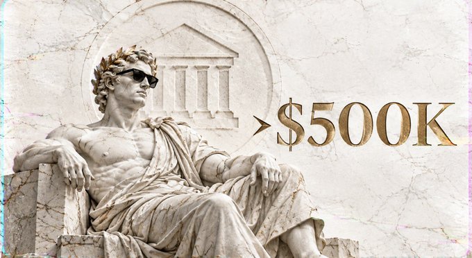 A classical marble statue of a seated god-like figure wearing sunglasses, next to the text '>$500K'.