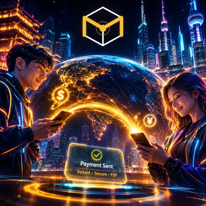 A futuristic digital illustration depicting two people sending a peer-to-peer mobile payment across a glowing global cityscape, labeled 'Payment Sent - Instant • Secure • P2P'.