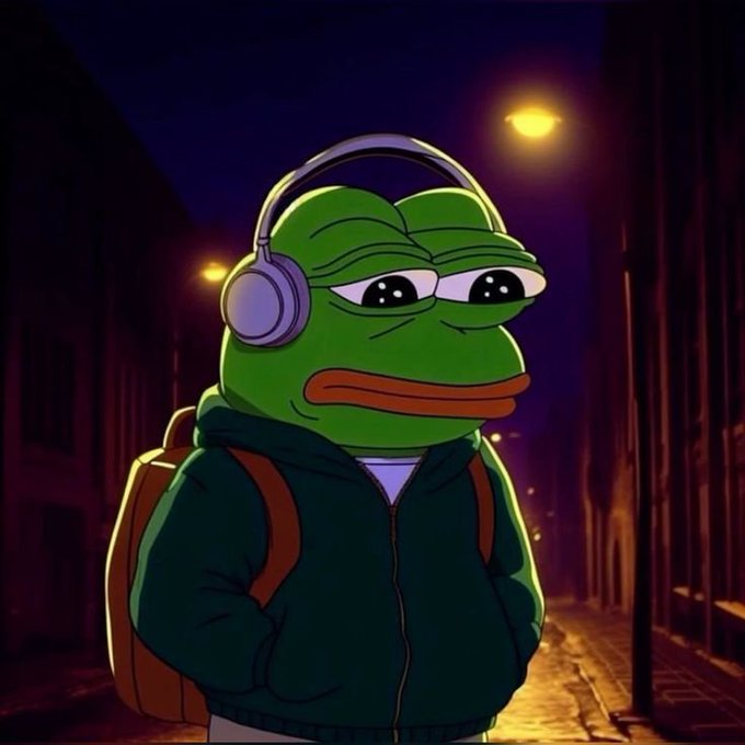 A stylized illustration of the Pepe the Frog meme character wearing headphones, a dark hoodie, and a backpack, standing in a moody, dimly lit urban street at night.
