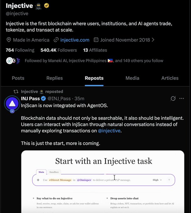 The image shows the @injective X profile displaying 540.4K followers, a reposting from @INJ Pass announcing that "InjScan is now integrated with AgentOS," highlighting how blockchain data on Injective can be queried through natural conversation. The post relates to Injective's recognition by showcasing their ecosystem tool (InjScan/AgentOS) advancing intelligent, AI-accessible blockchain interaction on their platform.