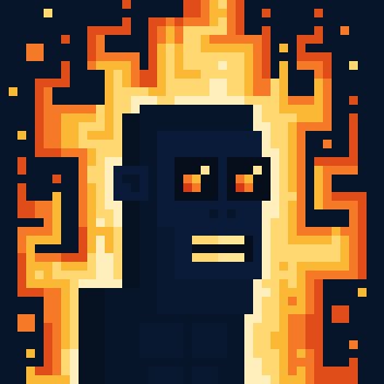 A pixel art illustration of a dark, stoic figure surrounded by vibrant, pixelated orange and yellow flames.