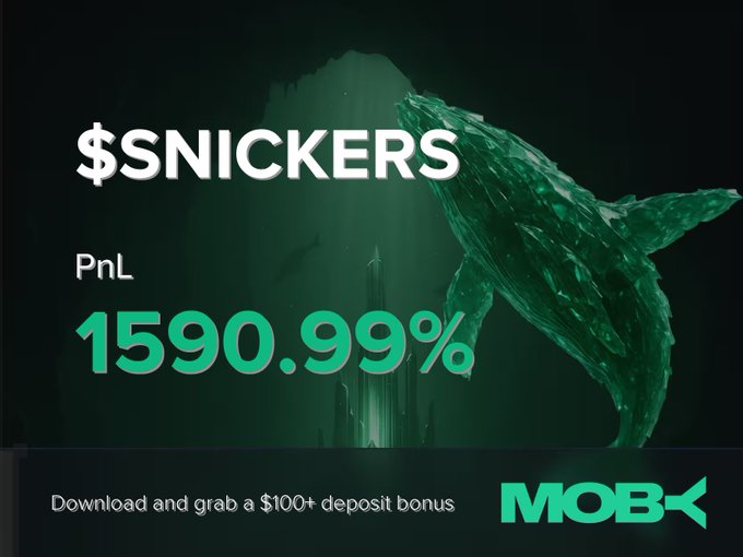 An image promoting Moby's win alert features a green whale graphic alongside the text "$SNICKERS" and "PnL 1590.99%," highlighting a trader's massive gain on the SNICKERS token, with a call-to-action at the bottom offering a $100+ deposit bonus. The visual directly reinforces the post's announcement of the trader's exceptional profit on Moby Mobile.