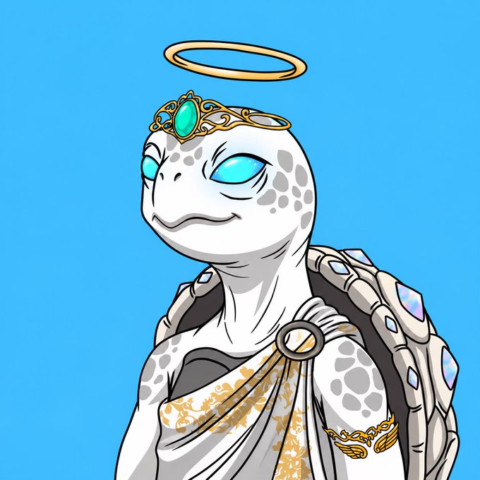 A serene, divine turtle adorned with a golden halo, jeweled crown, and ornate robes gazes calmly against a blue background, symbolizing wisdom and patience—fitting for a post reminding the community that leaderboard-driven (GTD/FCFS) mint spots are still being earned through gameplay.