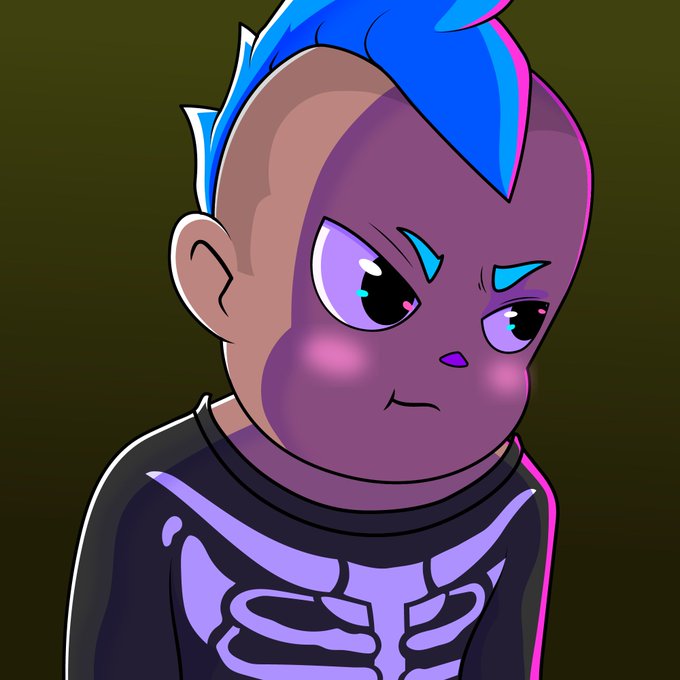A digital illustration of a character with purple skin, a blue mohawk, and large eyes, wearing a black shirt with a purple skeleton design.