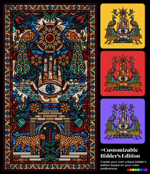 The image features a colorful illustration with three different designs, each depicting a hand holding an eye or a bird's head. The background of the image has a patterned design that includes a sunburst shape at its center. The text "gm. NEW reserve + customizable bidder'S Edition" is written in black at the bottom of the image.