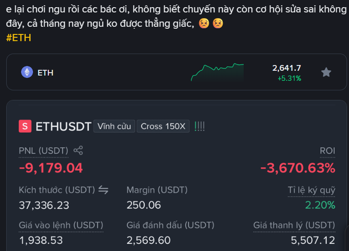 The image displays a trading dashboard for an ETHUSDT perpetual futures short position (Cross 150X leverage) showing a devastating loss of -$9,179.04 PnL (-3,670.63% ROI) on a $250 margin, with ETH priced at 2,641.7 (+5.31%) — illustrating the trader's lament about shorting ETH while it rallied and sleeping poorly from the mounting losses.