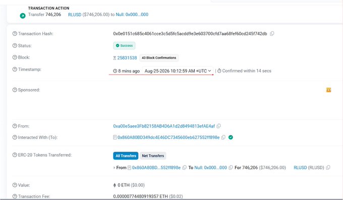 The image shows an Etherscan transaction confirming a transfer of 746,206 RLUSD tokens ($746,206) to the null address 0x000...000, recorded in block 25831538 on August 25, 2026. This aligns with the post's claim of an RLUSD burn, as tokens sent to the null address are permanently removed from circulation.