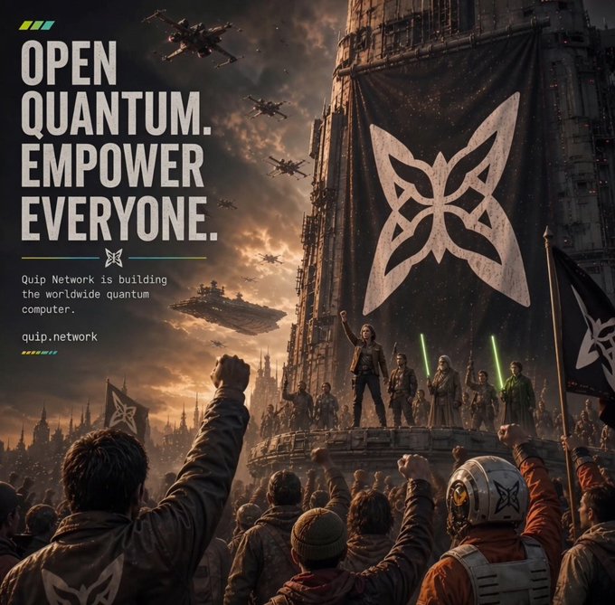 The image features an advertisement with a large banner that reads "Open Quantum. Empower everyone." The banner displays a butterfly graphic along with the text "Quip Network" and "giving public access to the world's most sought after treasure - Quantum Computing". The background of the image is filled with people, some holding flags or banners, suggesting a celebration or gathering related to the promotion of Quantum Computing.