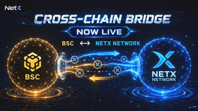 The promotional graphic announces the "NetX Cross-Chain Bridge Now Live," featuring two glowing spheres labeled "BSC" and "NETX Network" connected by bidirectional arrows, visually representing the new connection between BNB Smart Chain and the NetX Network mainnet for bridging NETX tokens.