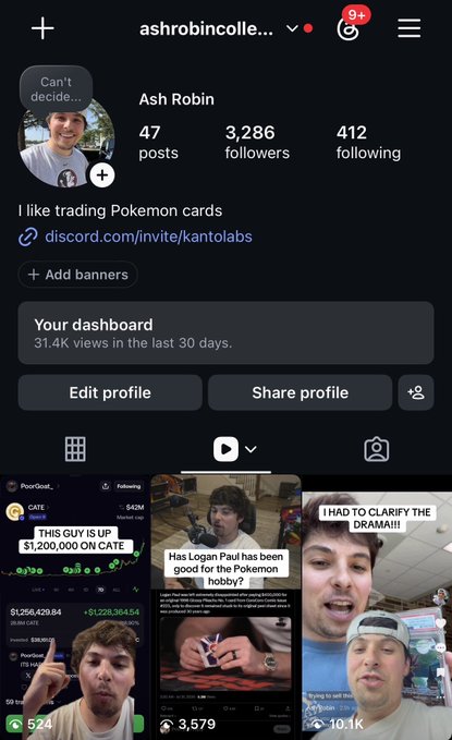 A screenshot of Ash Robin's Instagram profile (@ashrobincolle...) displays 47 posts, 3,286 followers, and 412 following, with a bio stating "I like trading Pokemon cards" and a Discord link, while recent reels visible include commentary on "THIS GUY IS UP $1,200,000 ON CATE" and a video asking "Has Logan Paul has been good for the Pokemon hobby?"—aligning with the post's announcement about transitioning to share more memecoin content on his social media accounts.