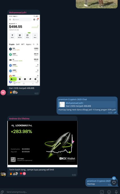 A Telegram chat screenshot showing messages from users Mohammad Jufri and Andrew Glo discussing cryptocurrency profits, with images displaying a portfolio of $498.55 and a 'LOOKSMAX PNL' of +283.98%.
