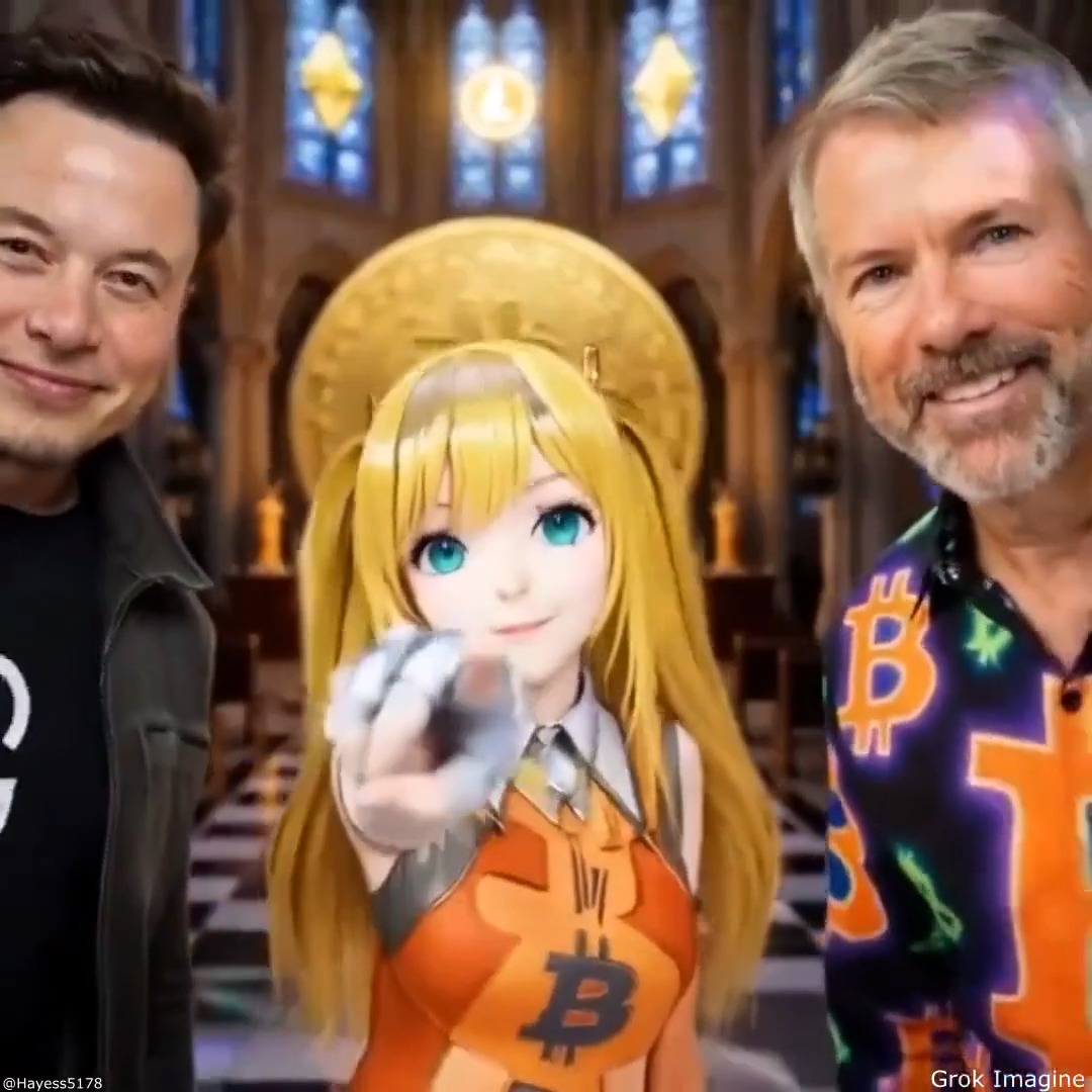 A smiling anime girl wearing a Bitcoin "₿" shirt stands in a grand cathedral between Elon Musk (left) and MicroStrategy's Michael Saylor (right), who sports a vibrant shirt patterned with Bitcoin "₿" logos. Generated via Grok Imagine, the image visually celebrates the post's praise of Bitcoin as $BTC pumps.