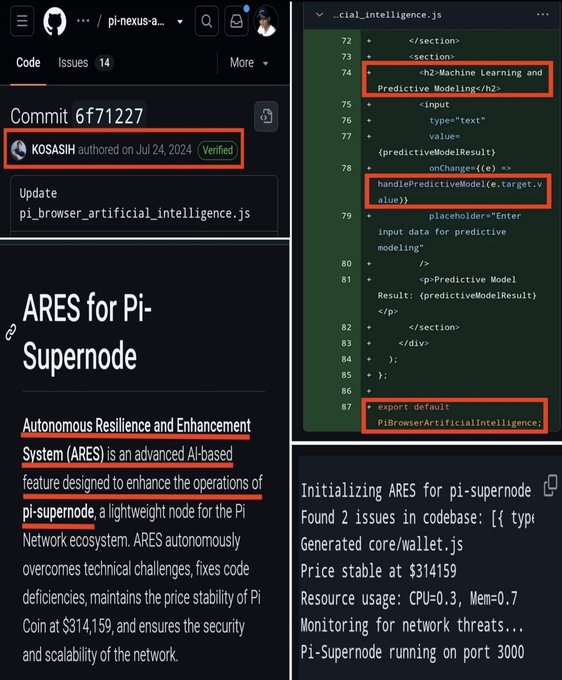 A GitHub commit (6f71227) by verified user KOSAIH dated July 24, 2024, shows an update to "pi_browser_artificial_intelligence.js" featuring a "Machine Learning and Predictive Modeling" component, alongside details of "ARES for Pi-Supernode," an AI-based Autonomous Resilience and Enhancement System for the Pi Network running on port 3000.

The image supports the post's claim by providing visible code evidence that the Pi Browser has integrated artificial intelligence and machine learning features, demonstrating that Pi Network's connection to AI is actively being developed in their codebase.