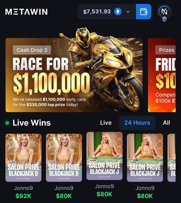 The MetaWin casino platform dashboard displays a featured "Cash Drop 3" promotional banner advertising a $1,100,000 leaderboard race with a $330,000 top prize, alongside live dealer blackjack sessions showing recent wins from player "Jonno9" ranging from $80K to $92K, highlighting the online gambling site where the $4.1M airdrop leaderboard competition is taking place.