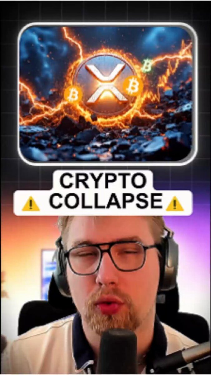 The image features a man wearing glasses, sitting behind a microphone with headphones on his head. The background of the image shows a computer screen displaying an advertisement for Bitcoin mining services. The text "THE $XRP COLLAPSE HAS BEGUN! YOU MUST PREPARE!" is written in white letters above and below the man's head. This message suggests that the Bitcoin collapse has already begun, and it is crucial to prepare for potential consequences or losses associated with this event.