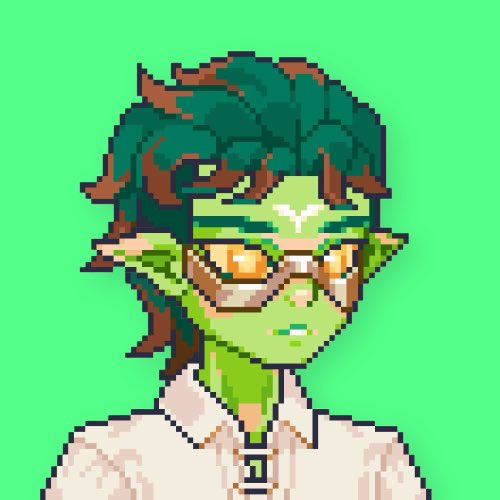 A pixel art illustration of a green-skinned elven character with dark green hair, pointed ears, glasses, and a white collared shirt against a bright green background.