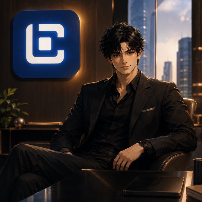 An anime-style illustration of a young man in a black suit sitting at a desk next to a glowing blue crypto logo.
