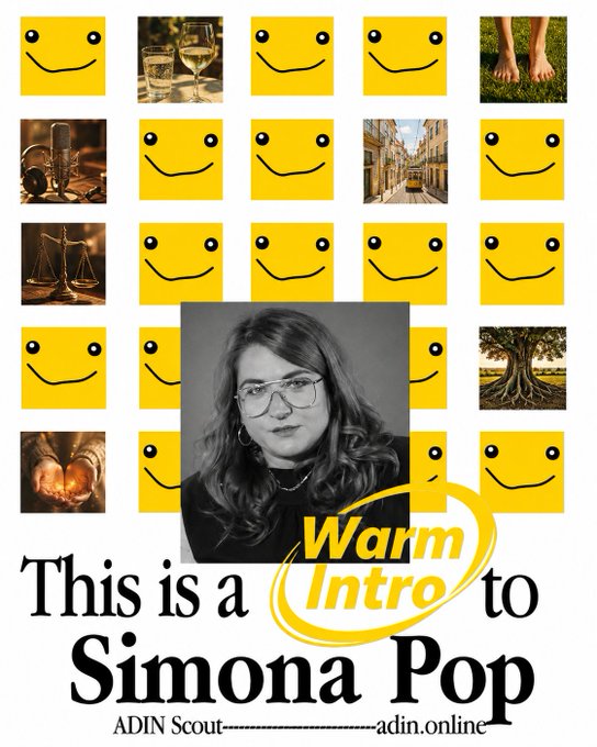 A 'Warm Intro' graphic for Simona Pop by ADIN Scout, featuring a black-and-white portrait of a woman with glasses against a background of yellow smiley faces and various thematic images.