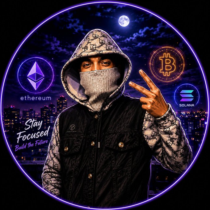 A stylized illustration shows a masked person in a hoodie posing with a peace sign, surrounded by glowing Ethereum, Bitcoin, and Solana logos with the text "Stay Focused Build the Future."