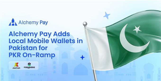 The image is a promotional graphic featuring the Alchemy Pay logo alongside the Pakistani flag, with the headline "Alchemy Pay Adds Local Mobile Wallets in Pakistan for PKR On-Ramp" and the logos of JazzCash and Easypaisa, visually reinforcing the announcement of Alchemy Pay's integration of these two popular Pakistani mobile wallets to enable crypto purchases using Pakistani Rupees.