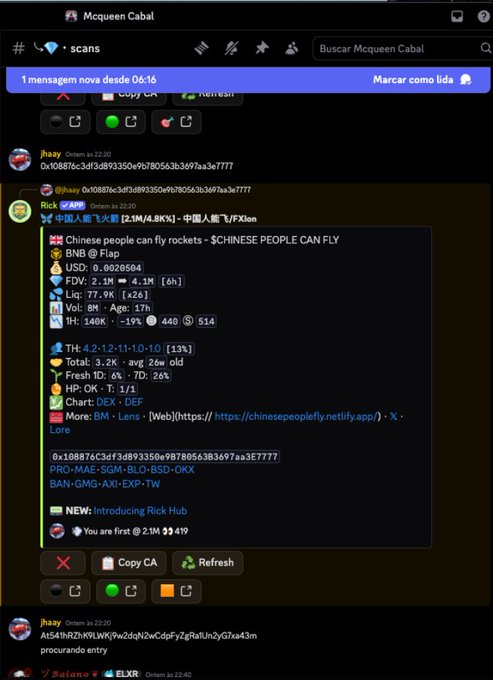 A Telegram chat interface showing a cryptocurrency-related message with the title 'Chinese people fly rockets - $CHINESE PEOPLE CAN FLY' and details for the BNB @ Flap token, listing FDV, Liquidity, and other metrics.