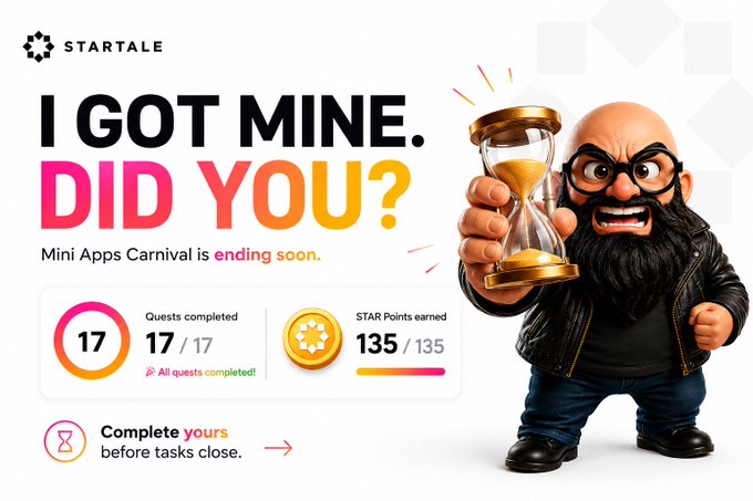 The image features a cartoon character, possibly a man or a woman with glasses, holding a sand timer. The background of the image is white, which contrasts with the colorful elements within the frame. The text "I got mine. Did you?" is displayed at the top and bottom of the image, while the rest of the post focuses on the completion of tasks in the Mini Apps Carnival.