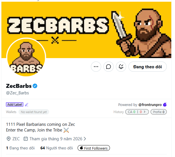 A social media profile page for 'ZecBarbs' (@Zec_Barbs) displays a pixel-art barbarian character, with text stating '1111 Pixel Barbarians coming on Zec' and noting 64 followers.