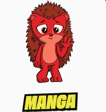 A cartoon red hedgehog-like character makes a peace sign above the word 'MANGA' in yellow text.