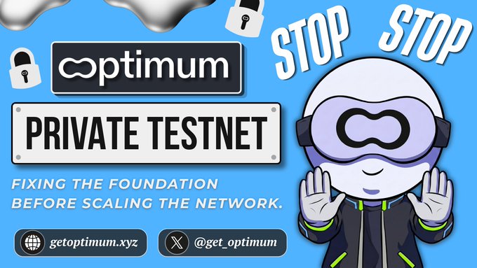 The image shows a cartoon character wearing virtual reality goggles and holding up two white locks while saying "stop" with his hands raised. The caption below the image reads "Fixing the foundation before scaling the network." This suggests that the character might be in a private testnet, where the system is being tested under real load conditions and with a large number of validators to ensure its security and stability.