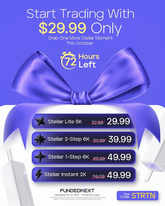 A blue-and-white promotional graphic reads “Start Trading With $29.99 Only,” “72 Hours Left,” and “Use Code STRTN,” with price options for “Stellar Lite 5K,” “Stellar 2-Step 6K,” “Stellar 1-Step 6K,” and “Stellar Instant 2K.”