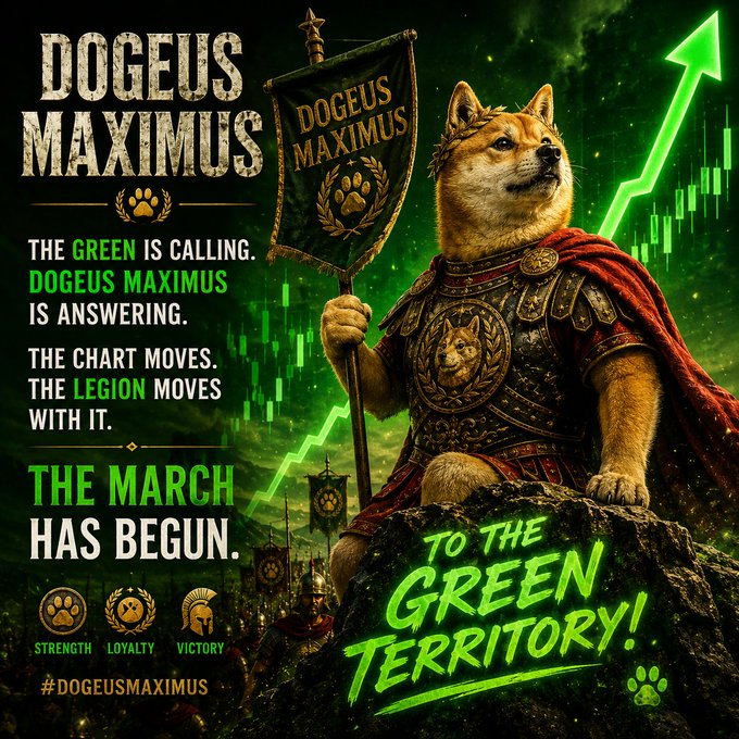 A promotional graphic for 'Dogeus Maximus' featuring a Shiba Inu dressed as a Roman gladiator holding a banner, with the text 'The Green is Calling' and 'To the Green Territory!' alongside a rising green chart arrow.