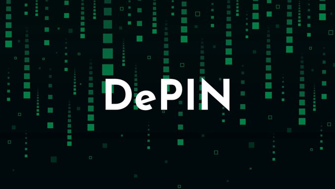The image features the word "DePIN" prominently displayed in bold white text against a dark background filled with cascading green pixelated squares resembling digital data streams or "matrix-style" code falling vertically. This visual reinforces the post's theme of Decentralized Physical Infrastructure Networks (DePIN), as the digital matrix aesthetic evokes the cryptocurrency and blockchain technology that coordinates real-world resources through crypto incentives.