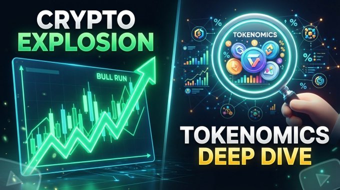 The image shows a neon-green bull-run chart and tokenomics dashboard, with prominent text reading “CRYPTO EXPLOSION,” “BULL RUN,” and “TOKENOMICS DEEP DIVE.” It supports the post’s message that traders should avoid chasing every pump and play the long game, as green market momentum can quickly reverse into sharp corrections.
