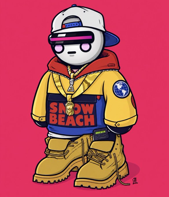 An illustration of a character wearing a cap, a yellow jacket with 'SNOW BEACH' on it, large yellow boots, and a gold chain necklace against a pink background.
