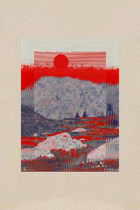A textured, muted landscape illustration in red, white, and gray-blue tones depicts a stylized sun over a rocky hillside with abstract floral or plant patterns.