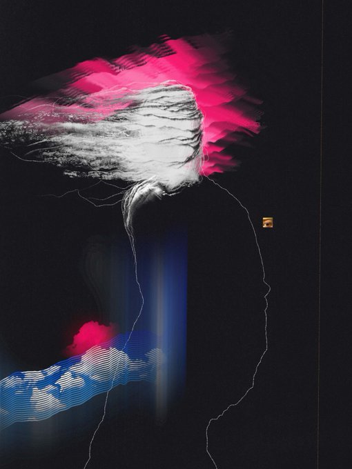 An abstract digital artwork featuring a silhouette of a face in profile against a black background, with glitchy pink, white, and blue distorted elements above and below.