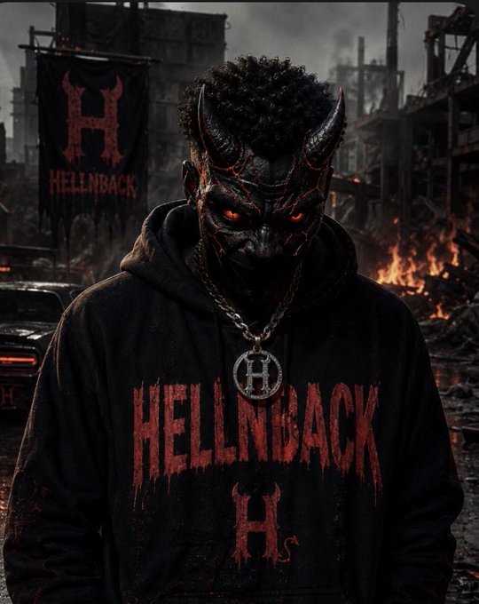 A hooded figure wearing a demonic black mask with glowing red eyes stands amidst a destroyed, fiery cityscape, wearing a hoodie emblazoned with "HELLNBACK" in dripping red lettering and an "H"-emblazoned pendant. The apocalyptic imagery reinforces the post's message of resilience and rising power behind the ticker $HELLNBACK.