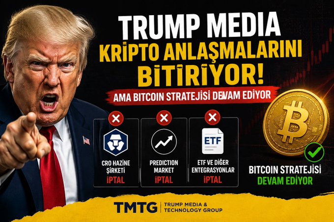 The image depicts Donald Trump with the text "TRUMP MEDIA KRIPTO ANLAŞMALARINI BİTİRİYOR! AMA BITCOIN STRATEJİSİ DEVAM EDİYOR" which translates to "Trump Media Is Ending Crypto Deals! But Bitcoin Strategy Continues". It illustrates the cancellation of CRO Treasury Company, Prediction Market, and ETF integration deals, while a Bitcoin symbol with a checkmark signifies the continuation of their Bitcoin strategy.