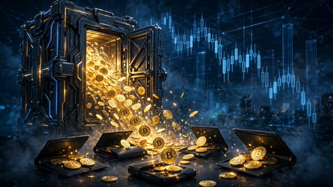 A digital illustration showing a futuristic safe or vault opening, with golden Bitcoin coins spilling out and falling onto small cases, set against a background of blue cryptocurrency trading charts.