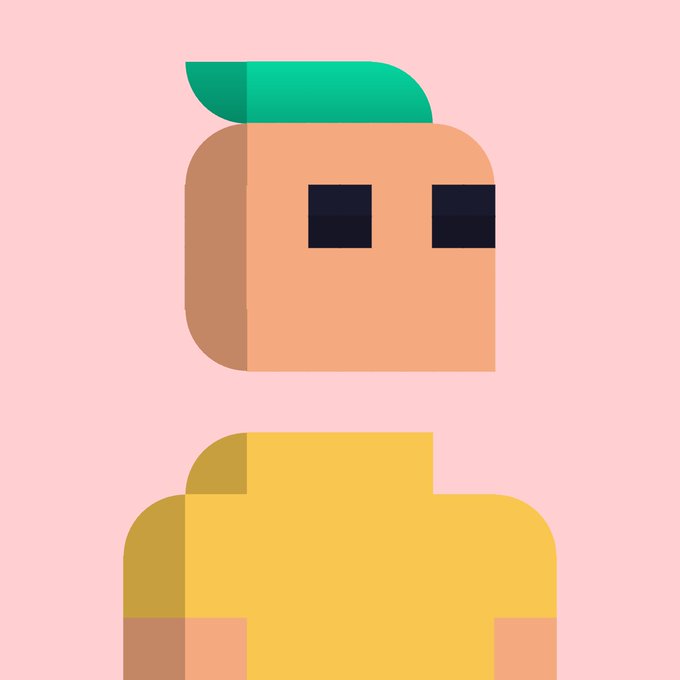 A minimalist, flat-design vector illustration of a blocky character with teal hair, sunglasses, and a yellow shirt against a pink background.