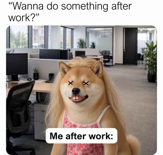 A meme showing a doge with blonde hair and 'X X' eyes in a pink top in an office setting, captioned 'Wanna do something after work? / Me after work:'.