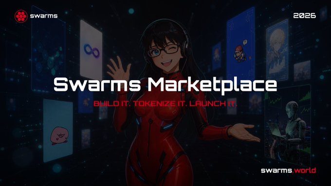 Promotional banner for the Swarms Marketplace featuring an anime-style character in a red suit and glasses waving, with surrounding floating artwork cards. The main text reads "Swarms Marketplace - BUILD IT. TOKENIZE IT. LAUNCH IT." alongside the Swarms logo, "2026," and the website "swarms.world," visually reinforcing the post's call for creators to deploy agents and compete for the $5,000 prize pool.
