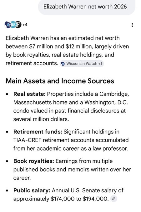 A search result snippet titled "Elizabeth Warren net worth 2026" indicates her estimated net worth is between $7 million and $12 million, primarily from real estate, retirement accounts, and book royalties.