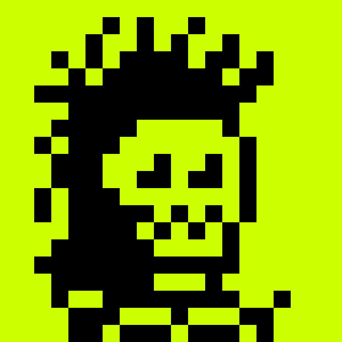 A pixel art QR code rendered in black on a bright yellow-green background.