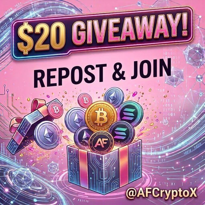 A colorful promotional graphic reads “$20 GIVEAWAY! REPOST & JOIN,” featuring a crypto-filled box with Bitcoin, Ethereum, Solana, and AF CryptoX symbols, plus the handle “@AFCryptoX.” It serves as the visual giveaway announcement associated with the post’s instructions to repost/follow, join the Telegram group, and submit “Hello DarkexCoin” as proof.