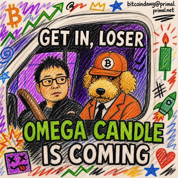 A hand-drawn illustration shows a man with glasses and a dog wearing a Bitcoin cap sitting inside a vehicle, with bold text reading "GET IN, LOSER" and "OMEGA CANDLE IS COMING," surrounded by Bitcoin logos, a rocket, and price chart arrows. The accompanying post "BITCOIN IS GOING HIGHER, DON'T MISS THE RIDE" aligns with the artwork's call to action, urging viewers to join the bullish crypto rally before the anticipated "omega candle" surge.