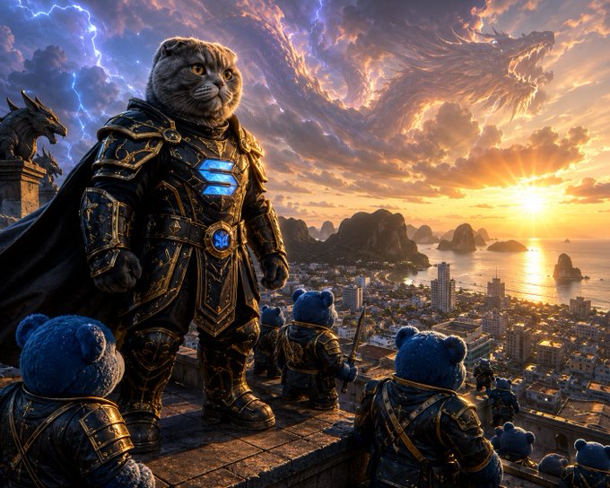 A fantasy digital artwork depicts an armored cat warrior wearing a chest emblem standing on a cliff with smaller blue teddy bear soldiers, overlooking a coastal city at sunset with a large dragon in the sky.