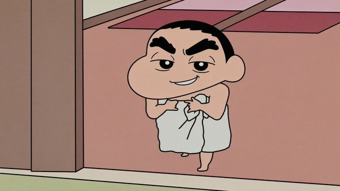 An animated character of a young boy in a white towel with a mischievous expression, resembling the character Shin-chan.