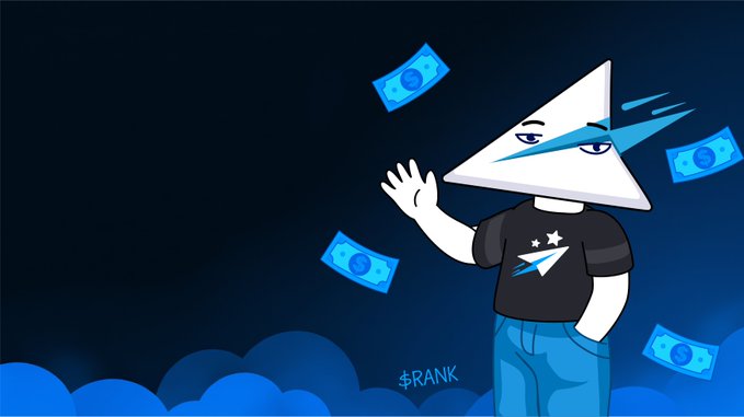 A cartoon drawing of a character with a triangular paper-like head featuring eyes, wearing a black t-shirt with a star logo, waving as money bills fly around them, with '$RANK' text at the bottom.