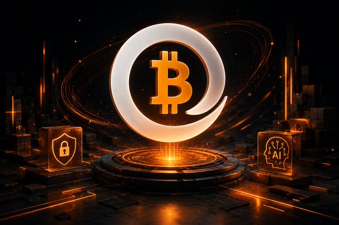 A digital artwork featuring a glowing gold Bitcoin symbol at the center, flanked by icons representing security (a lock on a shield) and AI (a brain with circuitry), set against a dark, high-tech background.